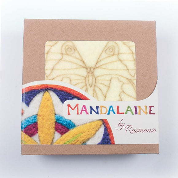 Kit d'initiation au feutrage à l'aiguille sur plaque de feutre avec laine cardée naturelle et aiguilles à feutrer, motif mandala ''Papillon Nature''